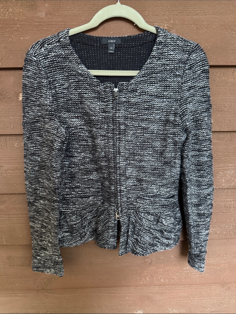 J. Crew Black and Silver Tweed Zip Peplum Jacket size Small